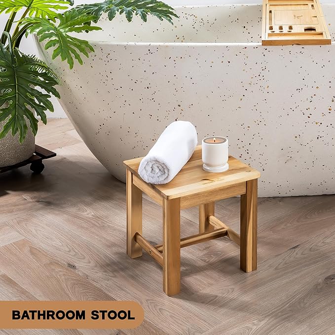 12 Inch Wooden Step Stool, Small Nature Beach Chair Under Desk, Indoor Acacia - Image 9