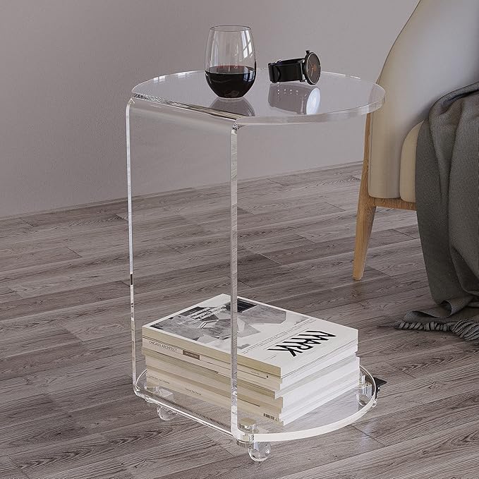 ONELUX C-Shaped Round Acrylic Side Sofa Table on Wheels - Image 3