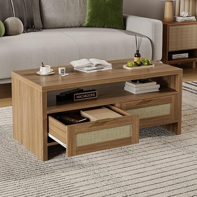 2 Tiers Boho Coffee Table with Storage, 40” Mid Century Rattan Console Table - Image 9