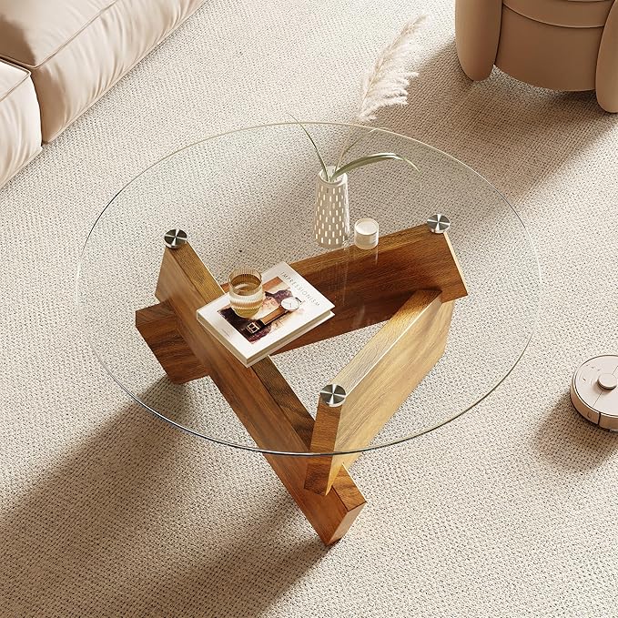 Honyee Morden Rounded Coffee Table, 30.7" x 30.7" x 16.1" Tempered Glass Top - Image 4