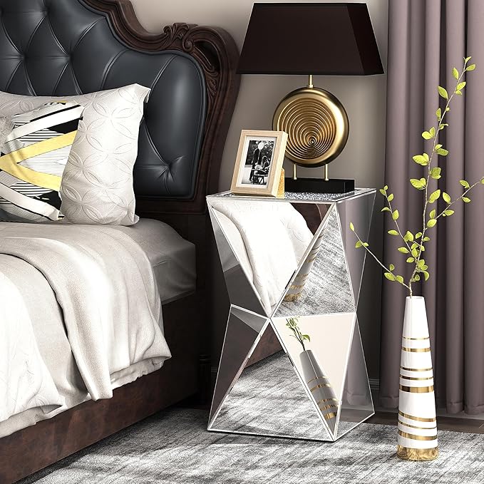 ENENE Mirrored Diamond Setting End Table Glass Decorative Side Table - Image 9