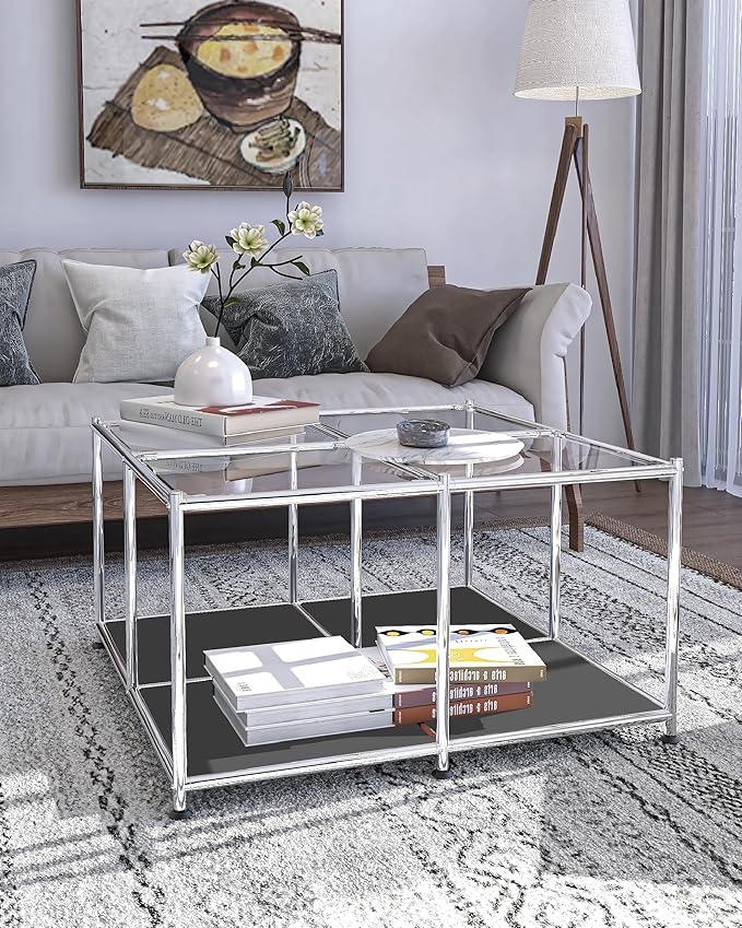 Matte Coffee Table with Open Storage, Square Tempered Glass Storage Rolling - Image 7