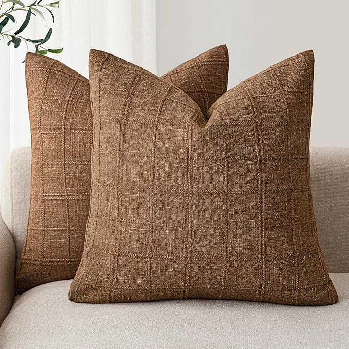 Foindtower Set of 2 Decorative Linen Check Throw Pillow Covers Neutral by Foindtower