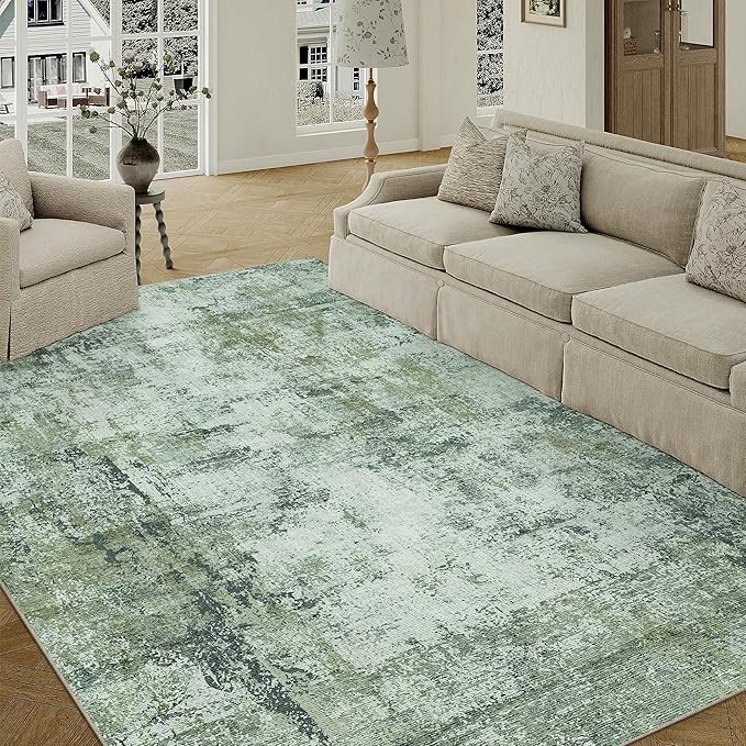 5x7 Washable Area Rug Dark Green Modern Neutral Abstract Living Room Bedroom - Image 5