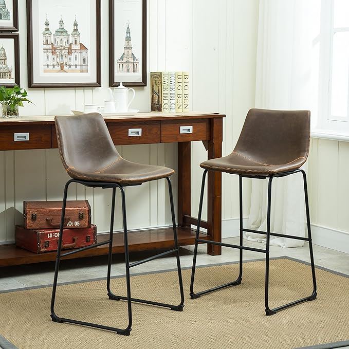 Roundhill Furniture Lotusville Vintage PU Leather Barstools, Antique Brown - Image 3