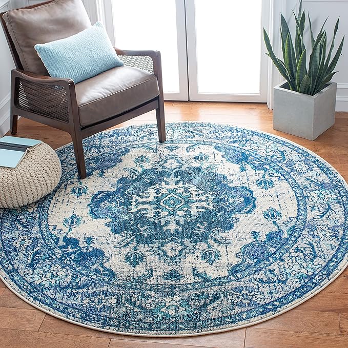 SAFAVIEH Monaco Collection 6'7" Round IvoryBlue MNC243A Boho Chic Medallion by SAFAVIEH