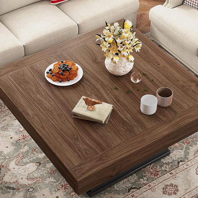 LED Coffee Tables for Living Room, Farmhouse Wood Coffee Table, 33.5" Square - Image 9