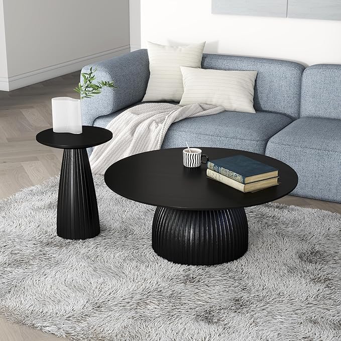 Black Pedestal Side Table 14.56'' Dia, Modern Accent End Table, Fluted Base - Image 5