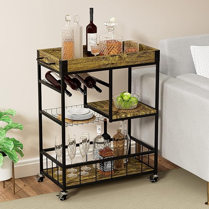 Bar Cart with Basket 3 Tiers Home Rolling Wine Rack with Wheels Mobile Kitchen - Image 9