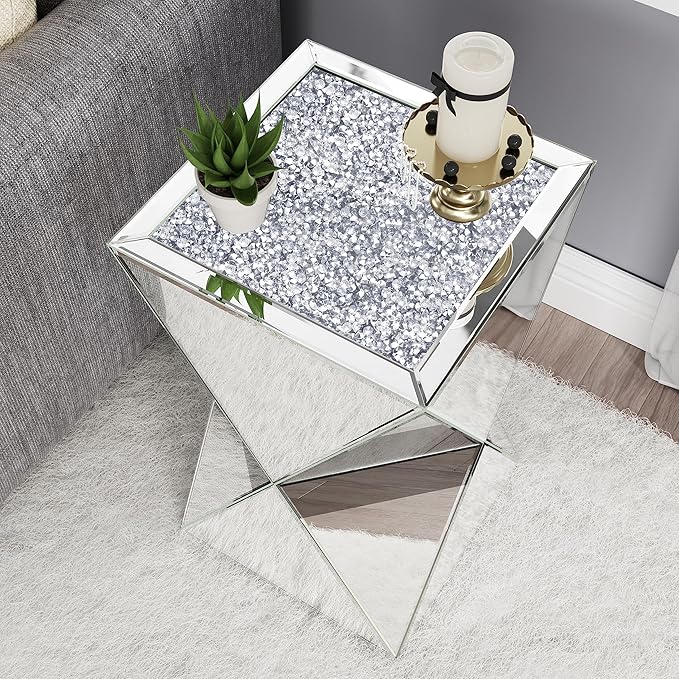 ENENE Mirrored Diamond Setting End Table Glass Decorative Side Table - Image 3