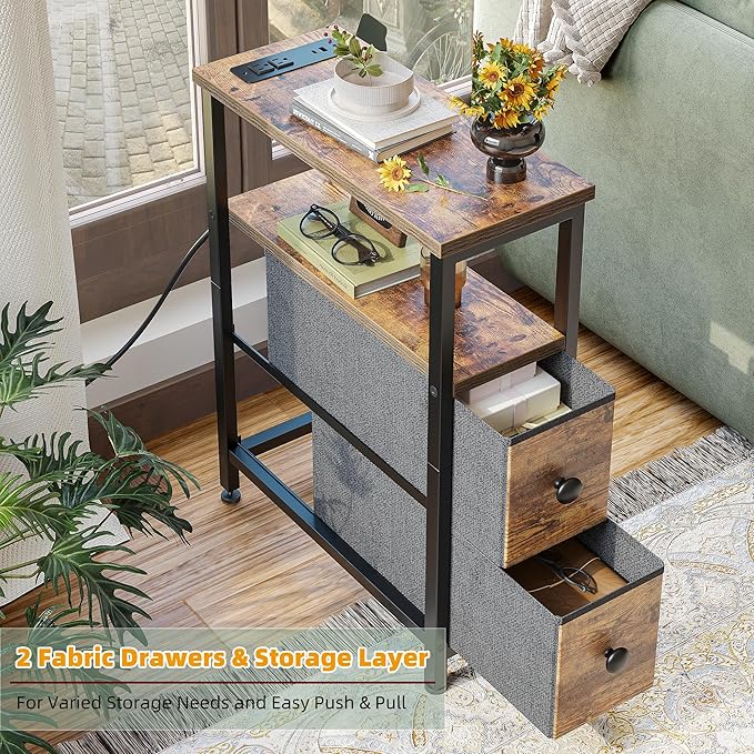 TIQLAB End Table with Charging Station, Narrow Side Table with 2 Fabric Drawers - Image 7