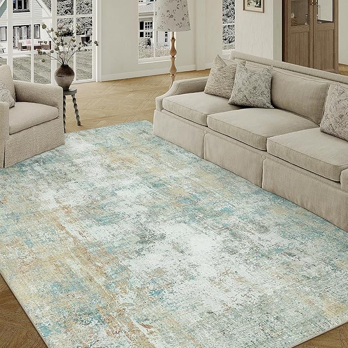 5x7 Washable Area Rug Teal Beige Modern Neutral Abstract Living Room Bedroom - Image 3