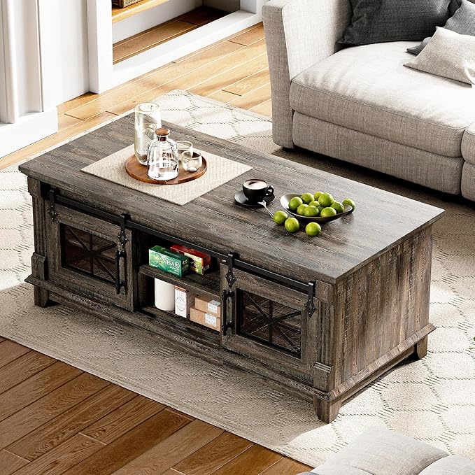 IRONCK 48'' Coffee Table with Sliding Barn Doors, Rustic Center Table with 6 - Image 4