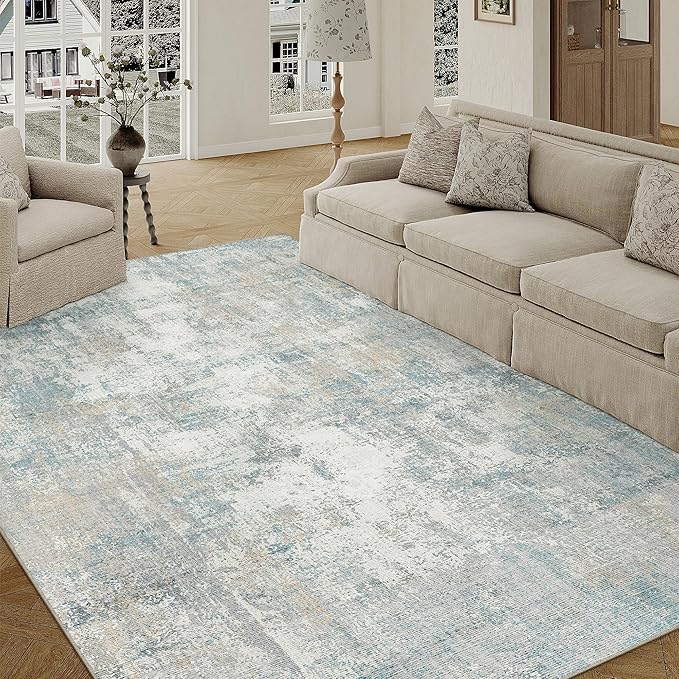 6x9 Washable Area Rug Blue Cream Modern Neutral Abstract Living Room Bedroom - Image 5