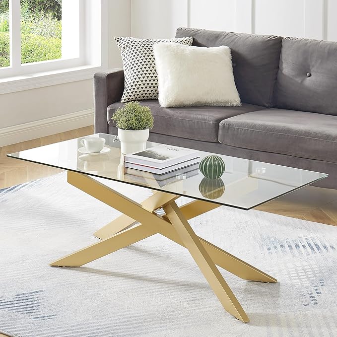 Rectangle Modern Coffee Table, Tempered Glass Top and Metal Tubular Leg by EdwinsChoice-ModernFurniture