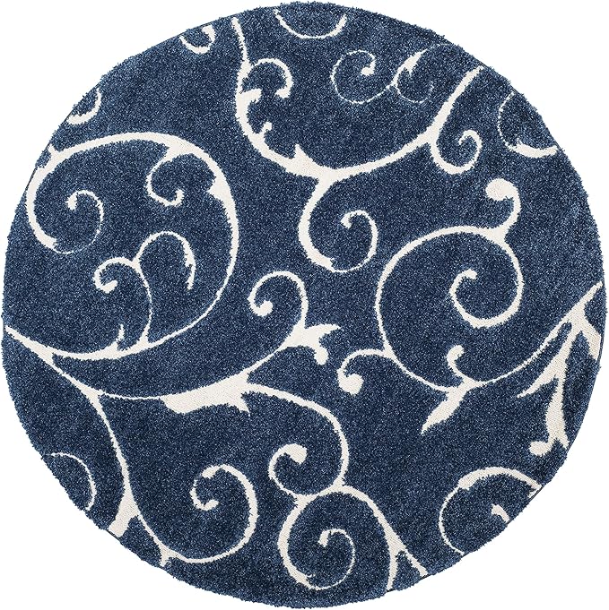 SAFAVIEH Florida Shag Collection 5' Round Dark Blue/Cream SG455 Scrolling Vine by SAFAVIEH