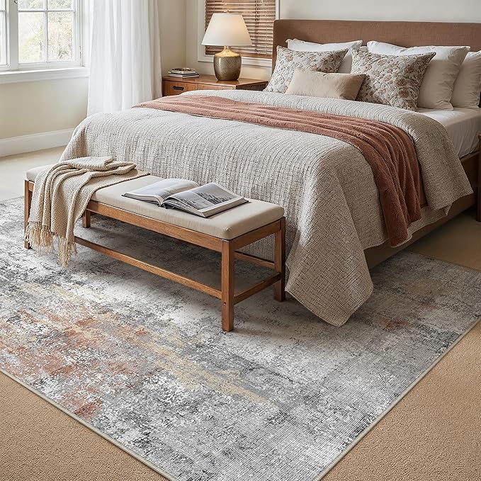 5x7 Washable Area Rug Grey Rust Modern Neutral Abstract Living Room Bedroom - Image 3
