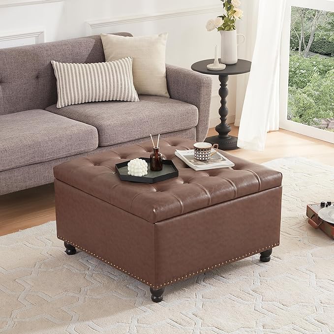 Tbfit Large Square Storage Ottoman Bench, Button Tufted Upholstered Coffee - Image 4