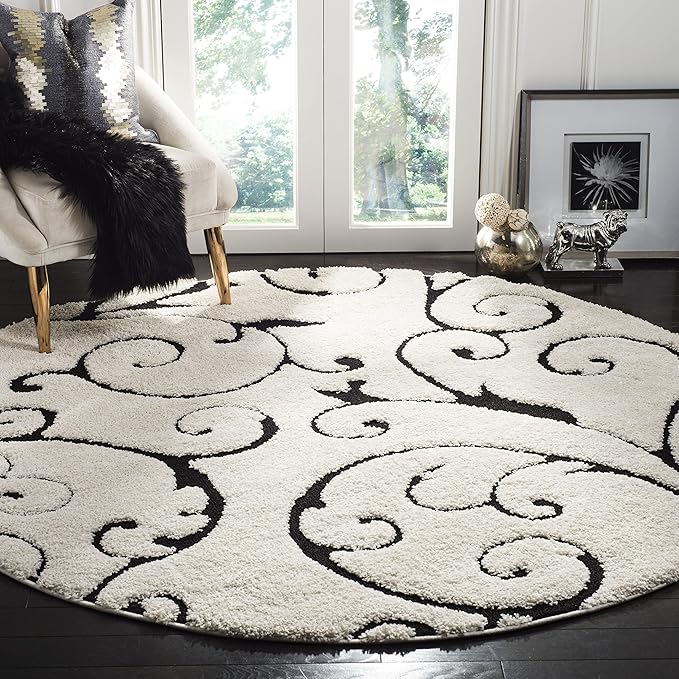 SAFAVIEH Florida Shag Collection 11' Round Ivory / Black SG455 Scrolling Vine by SAFAVIEH